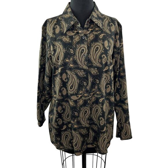 Tommy Hilfiger Black Tan Paisley Button-Up Cotton Shirt Top Long Sleeve Plus 16 - Picture 1 of 8